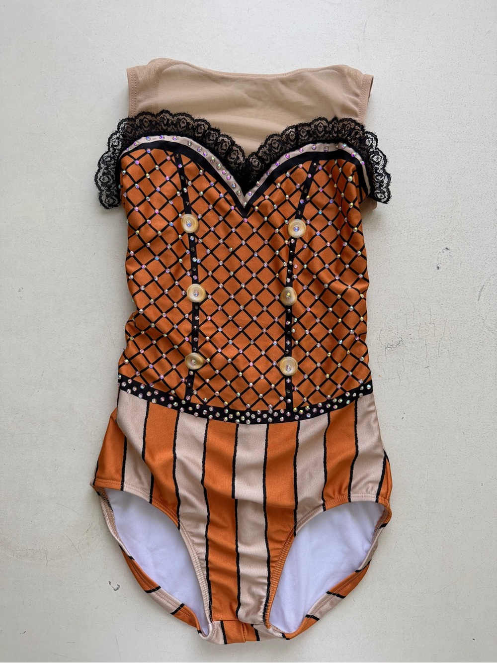 Kids Orange & Cream Dance One-Piece Bodysuit with Lace Trim